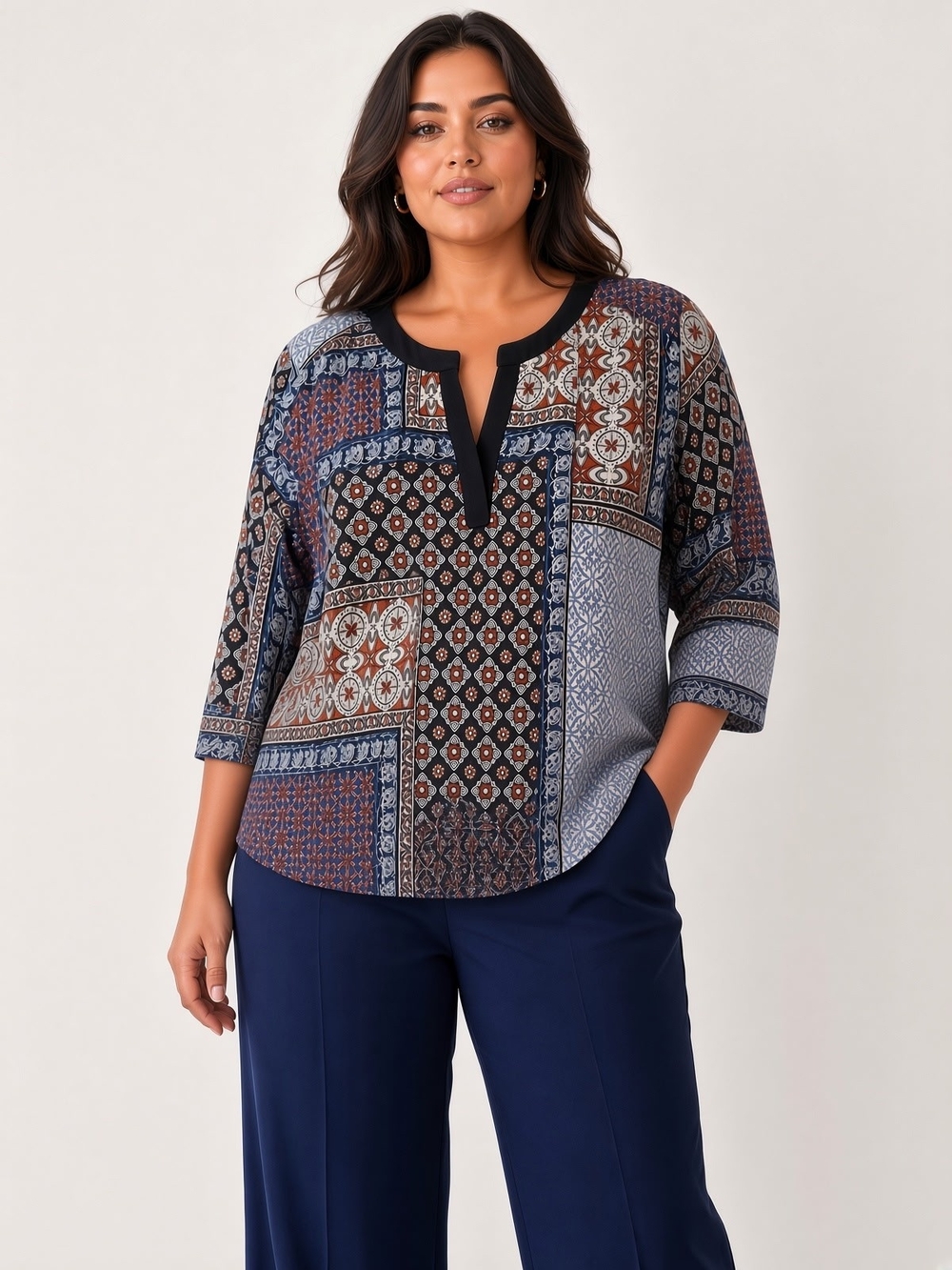NWOT Modern Attraction Mixed Print V-Neck 3/4 Sleeve Women's Top - Sx XL
